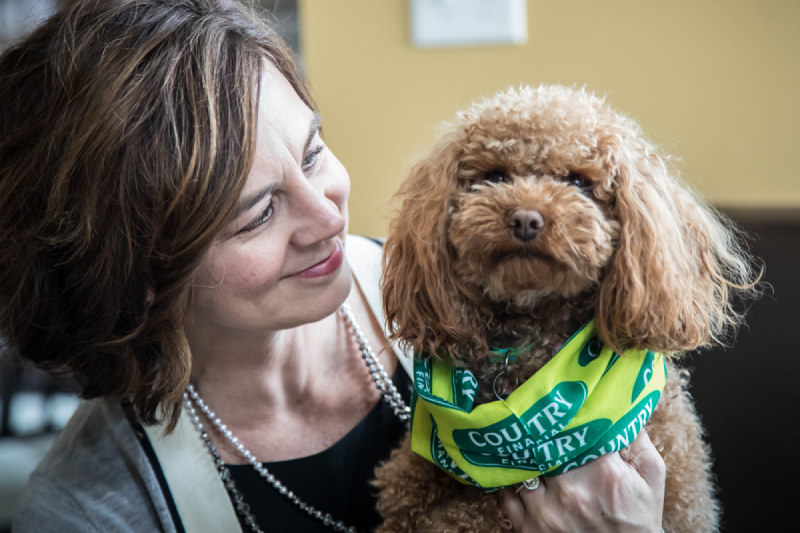 Women pet owner holding brown dog